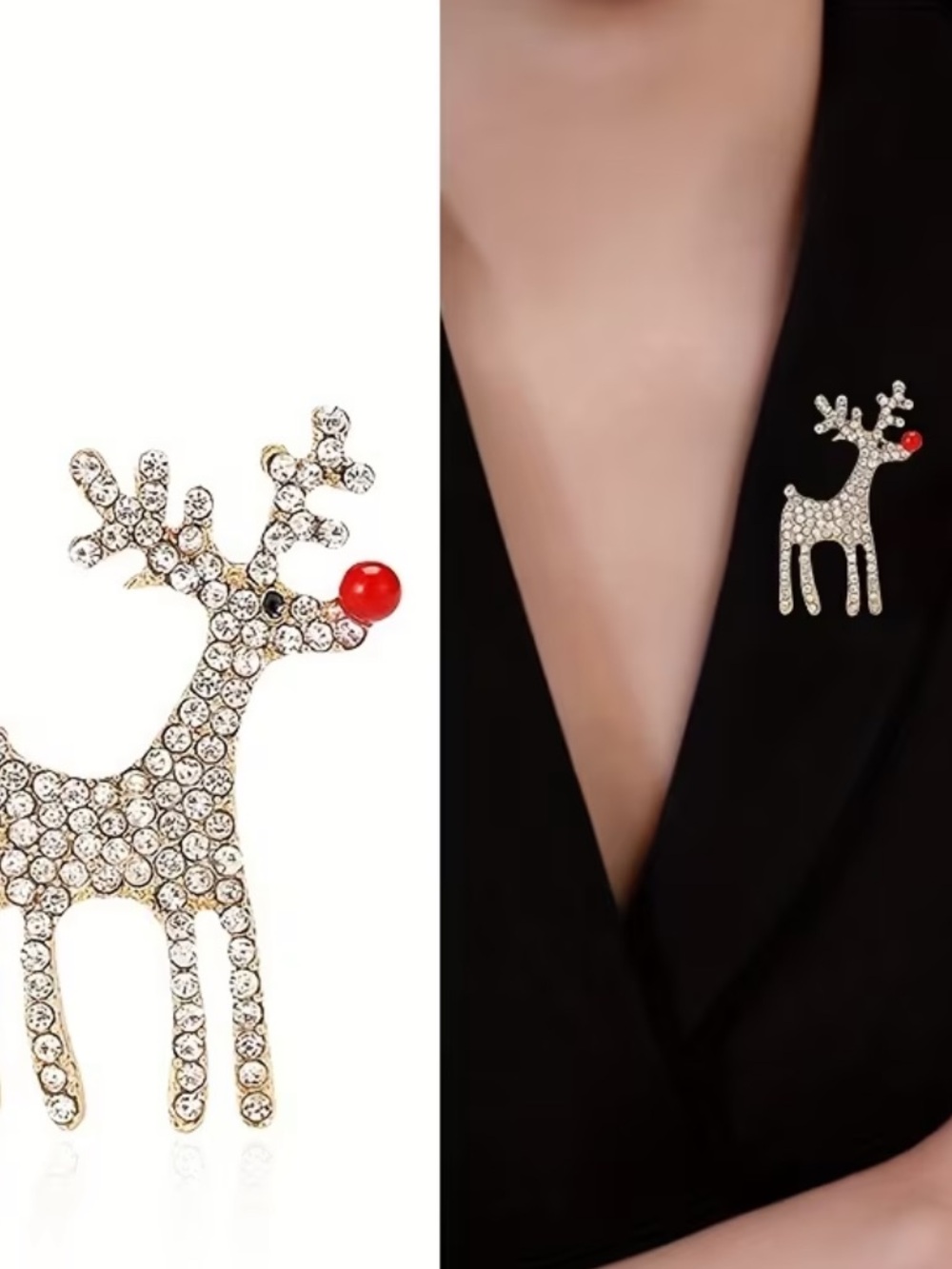 Rhinestone Reindeer Brooch with Red Nose - Women Jewelry